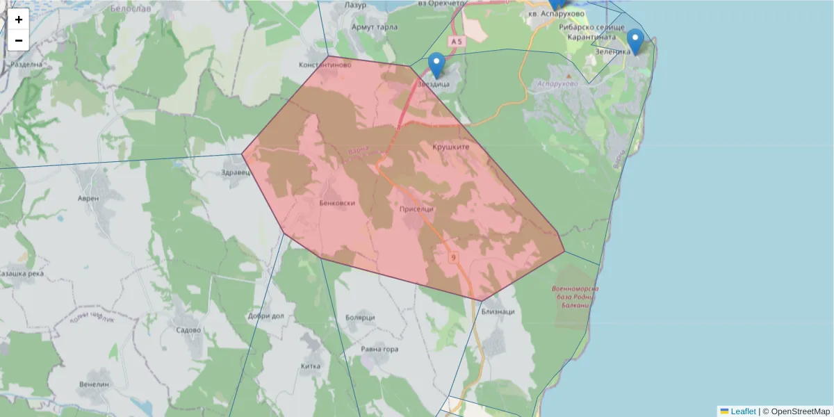 Карта на пощенски код  и съседните пощенски кодове в България