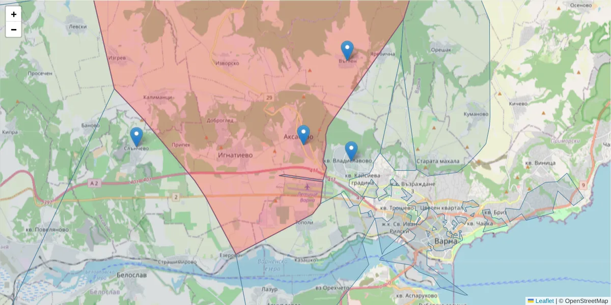 Карта на пощенски код  и съседните пощенски кодове в България