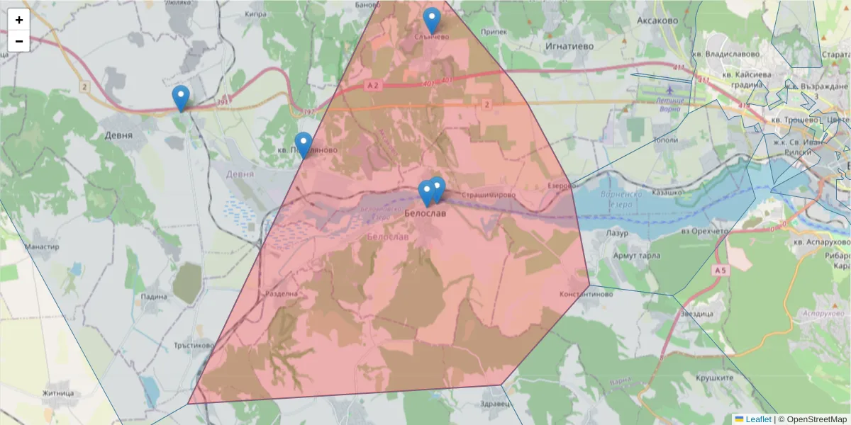 Карта на пощенски код  и съседните пощенски кодове в България
