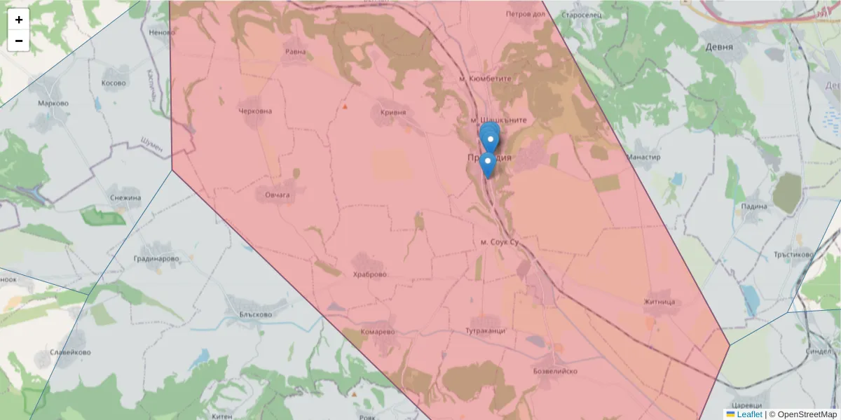 Карта на пощенски код  и съседните пощенски кодове в България