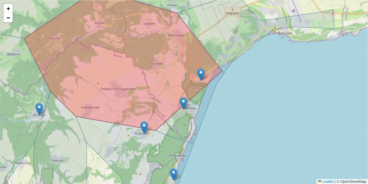 Карта на пощенски код  и съседните пощенски кодове в България