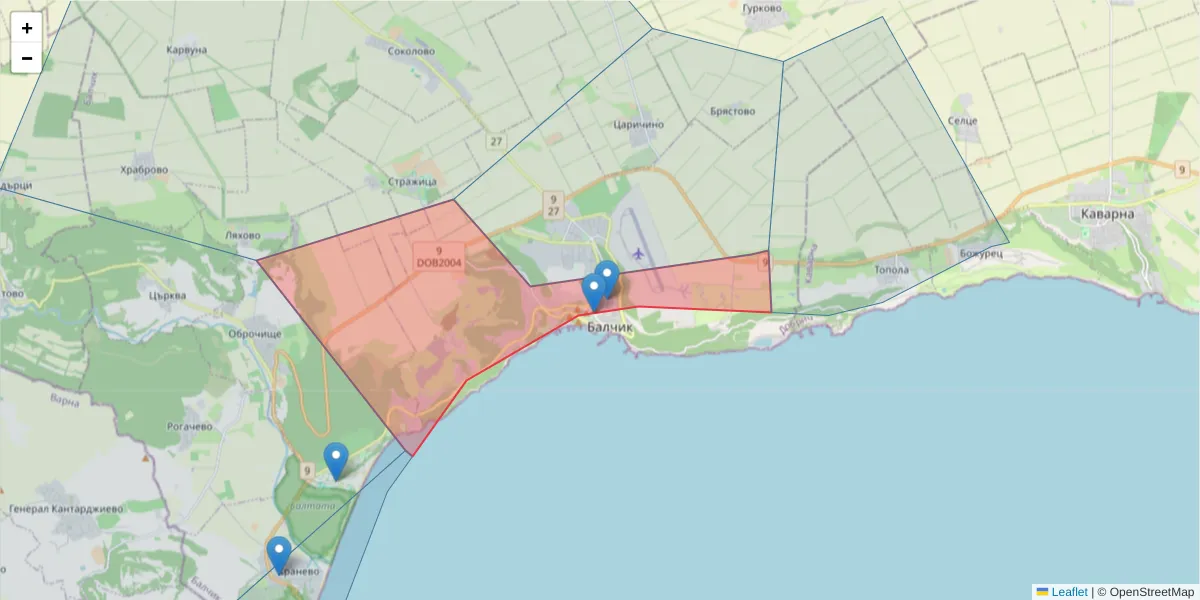 Карта на пощенски код  и съседните пощенски кодове в България