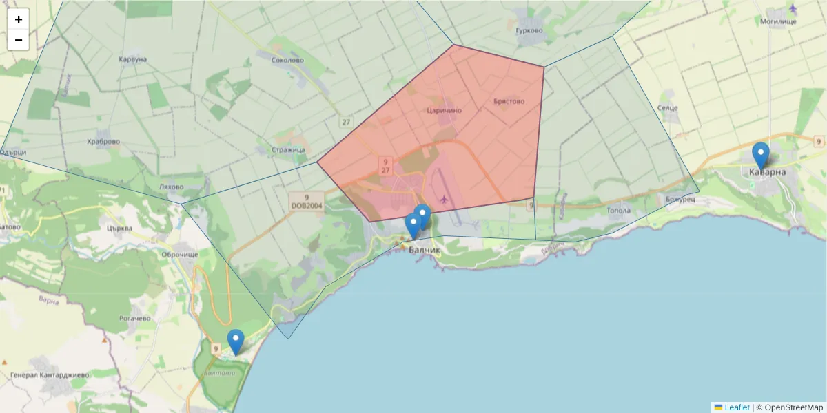 Карта на пощенски код  и съседните пощенски кодове в България