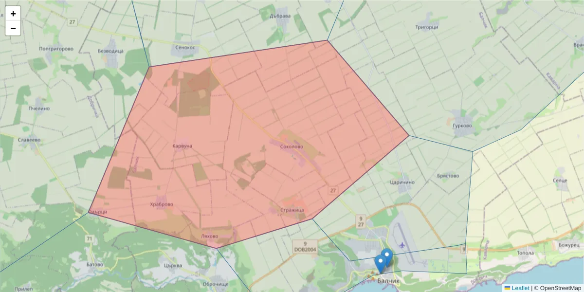 Карта на пощенски код  и съседните пощенски кодове в България