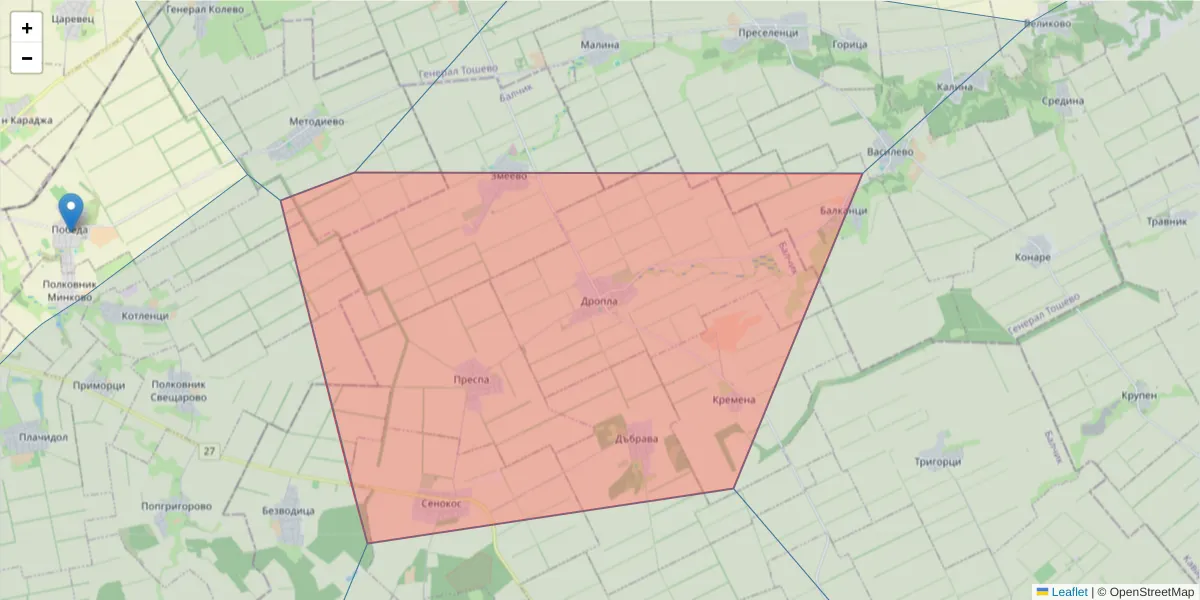 Карта на пощенски код  и съседните пощенски кодове в България