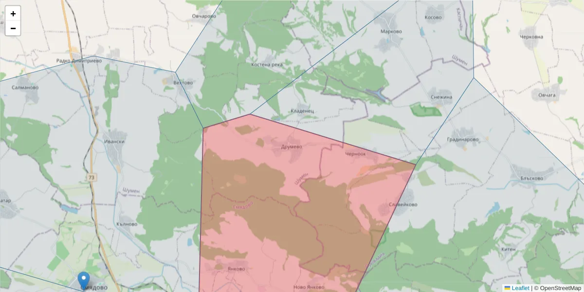 Карта на пощенски код  и съседните пощенски кодове в България