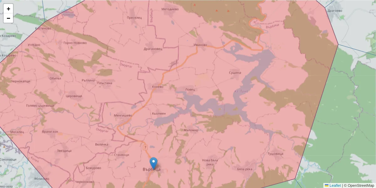 Карта на пощенски код  и съседните пощенски кодове в България