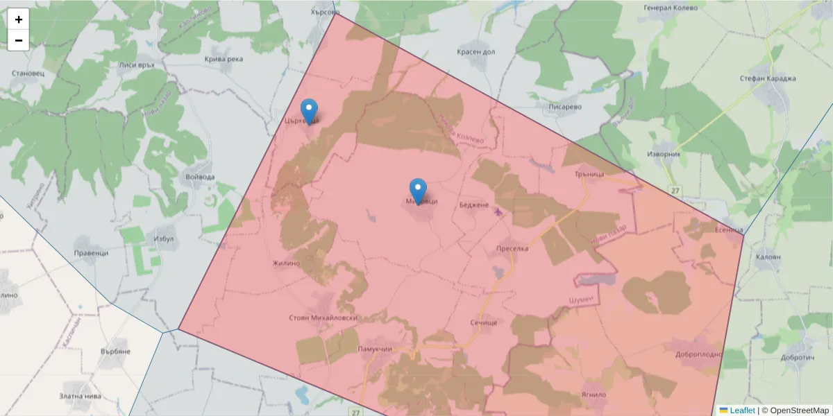 Карта на пощенски код  и съседните пощенски кодове в България